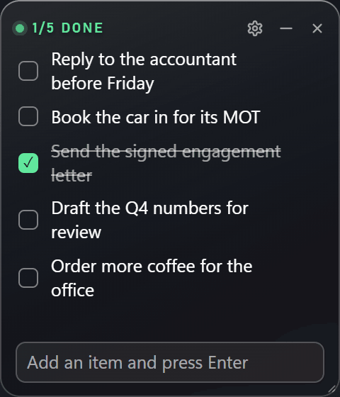 The Simple Notes widget on a desktop: a glass card with four checklist items, the finished ones struck through and dimmed.