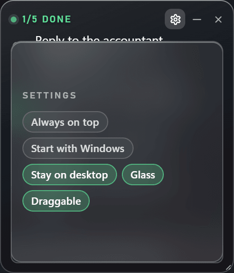 The Simple Notes settings sheet, with the switches for always on top, staying on the desktop, starting with Windows and locking the note's position.