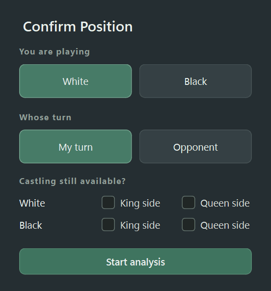 The Confirm Position dialog asking which side the player has, whose turn it is, and which castling rights still exist.