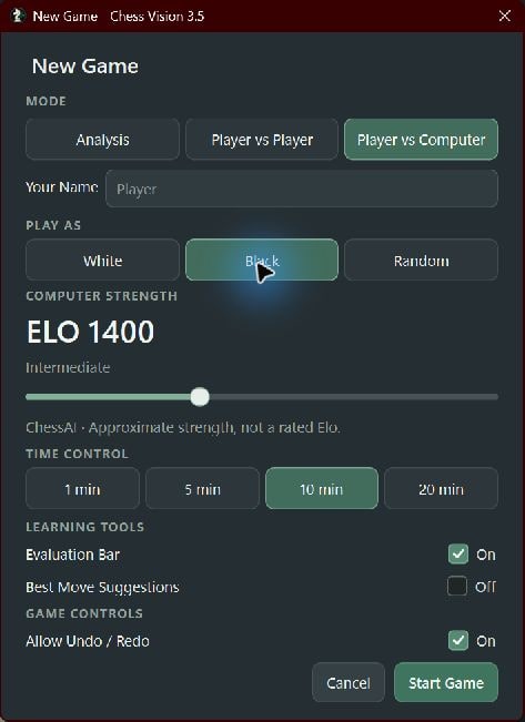The New Game setup dialog showing mode, player name, colour, computer strength, time control and learning-tool switches.