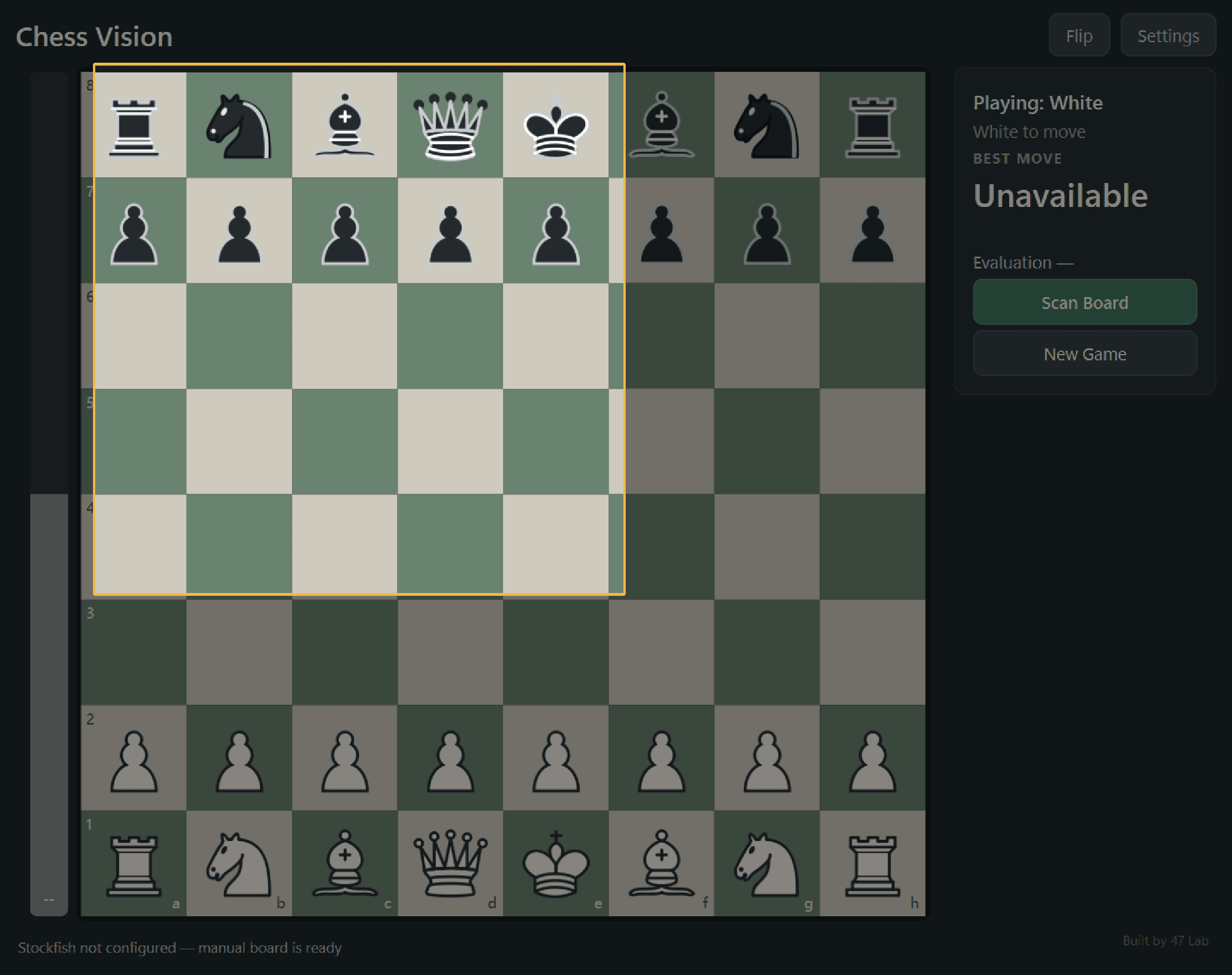 Chess Vision Scan Board mode with a selection rectangle drawn around all 64 squares and the rest of the screen dimmed.