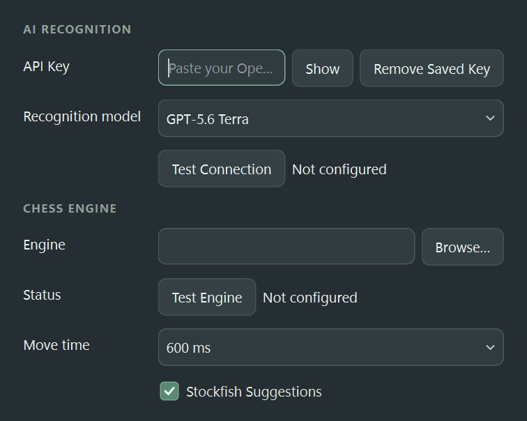 The Settings dialog with AI recognition options, engine path, move time and the Stockfish Suggestions switch.