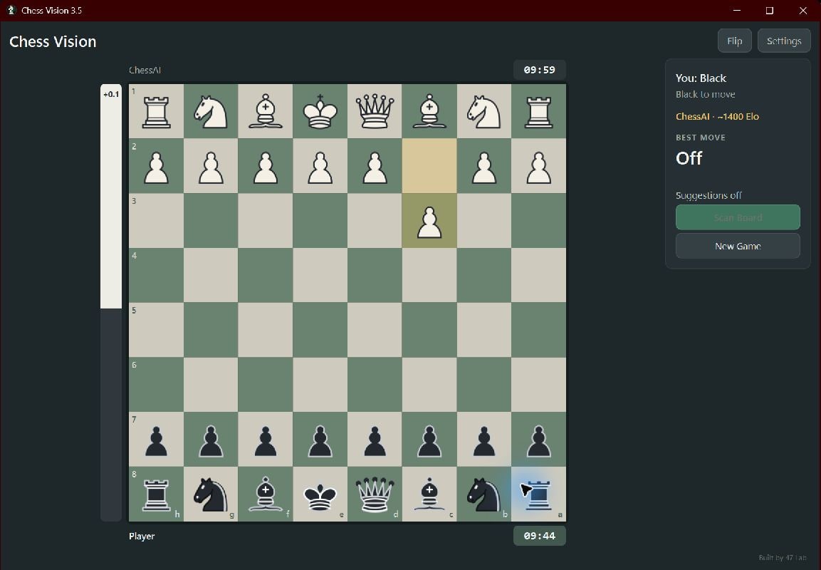 A Player vs Computer game against ChessAI, with both clocks running, player bars either side of the board and a +0.1 evaluation.